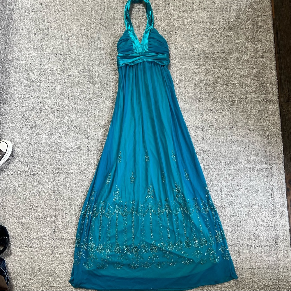 Long blue sequin gown
